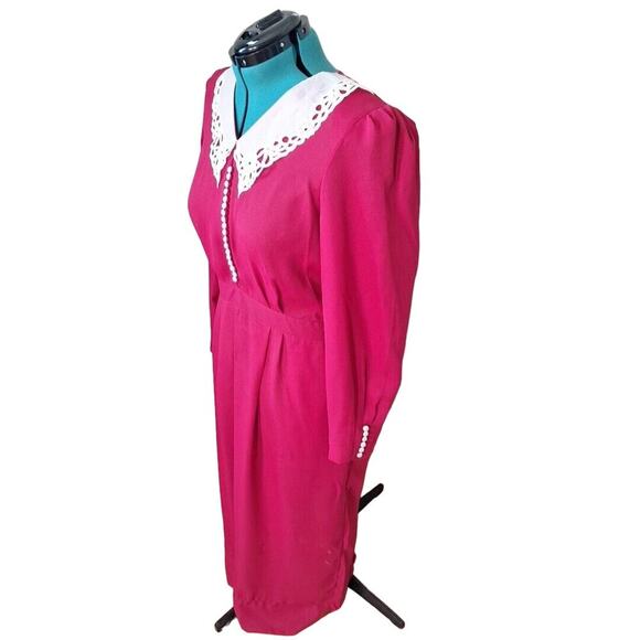 Vintage 80s/90s Red Lace Collar Midi Goth Coquette Dress Women Size 14 - Picture 2 of 11